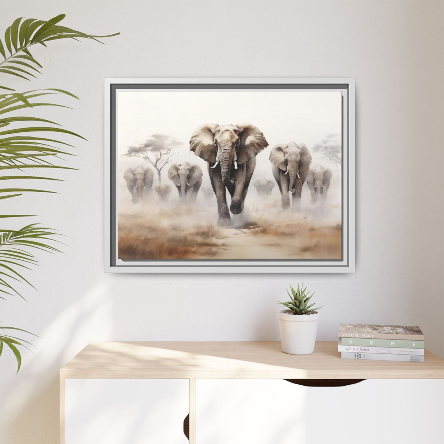Herd of Elephants Stampeding Wall Art, Framed Print on Matte Canvas (FREE SHIPPING)