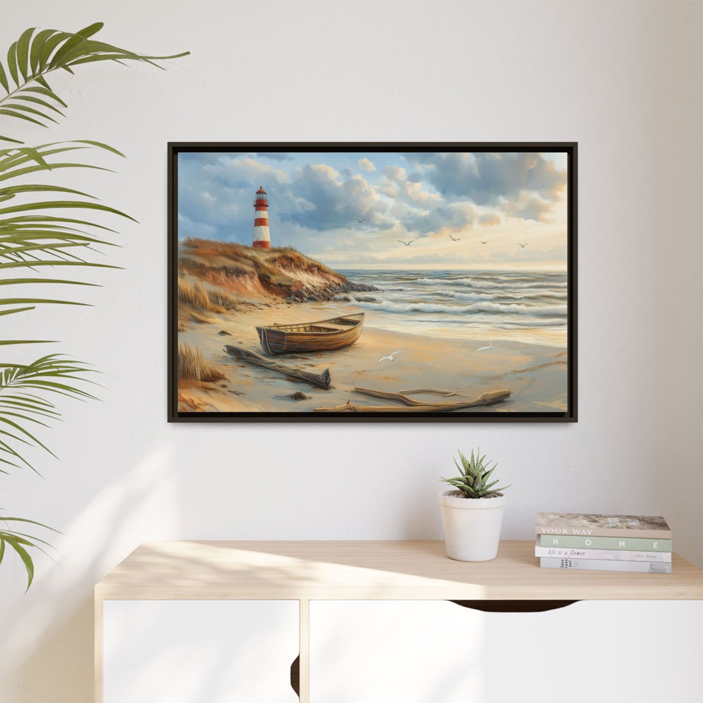 Lighthouse on a cliff Wall Art, Framed Print on Matte Canvas (FREE SHIPPING)