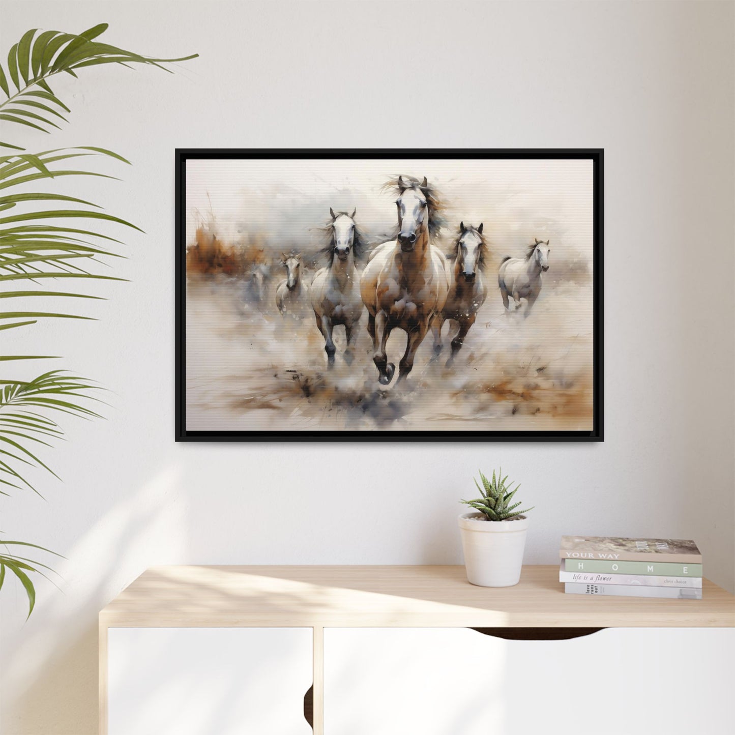 White Stallions galloping in the prairie Abstract Framed Wall Art (FREE SHIPPING)