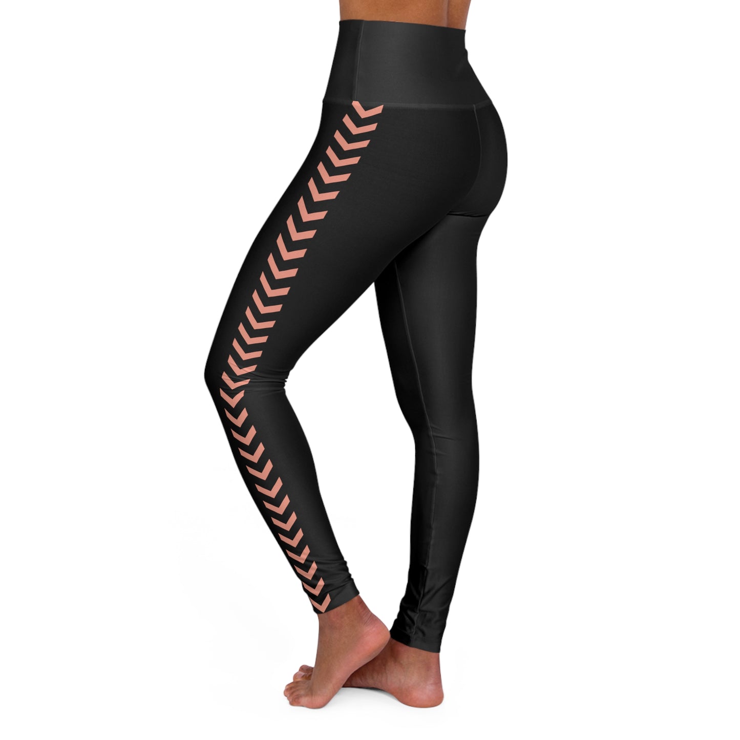 Yoga and Workout Sleek Leggings, Peach on Black Chevron Pattern Design