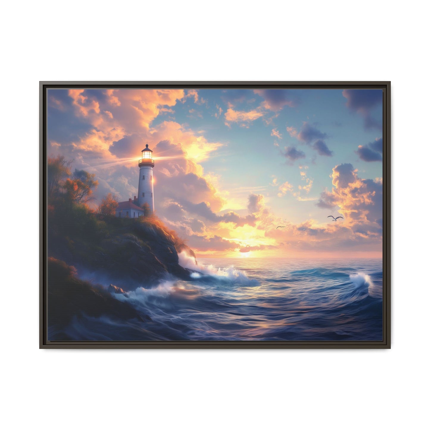 Lighthouse Sunset Ocean-scape Wall Art, Framed Print on Matte Canvas (FREE SHIPPING)