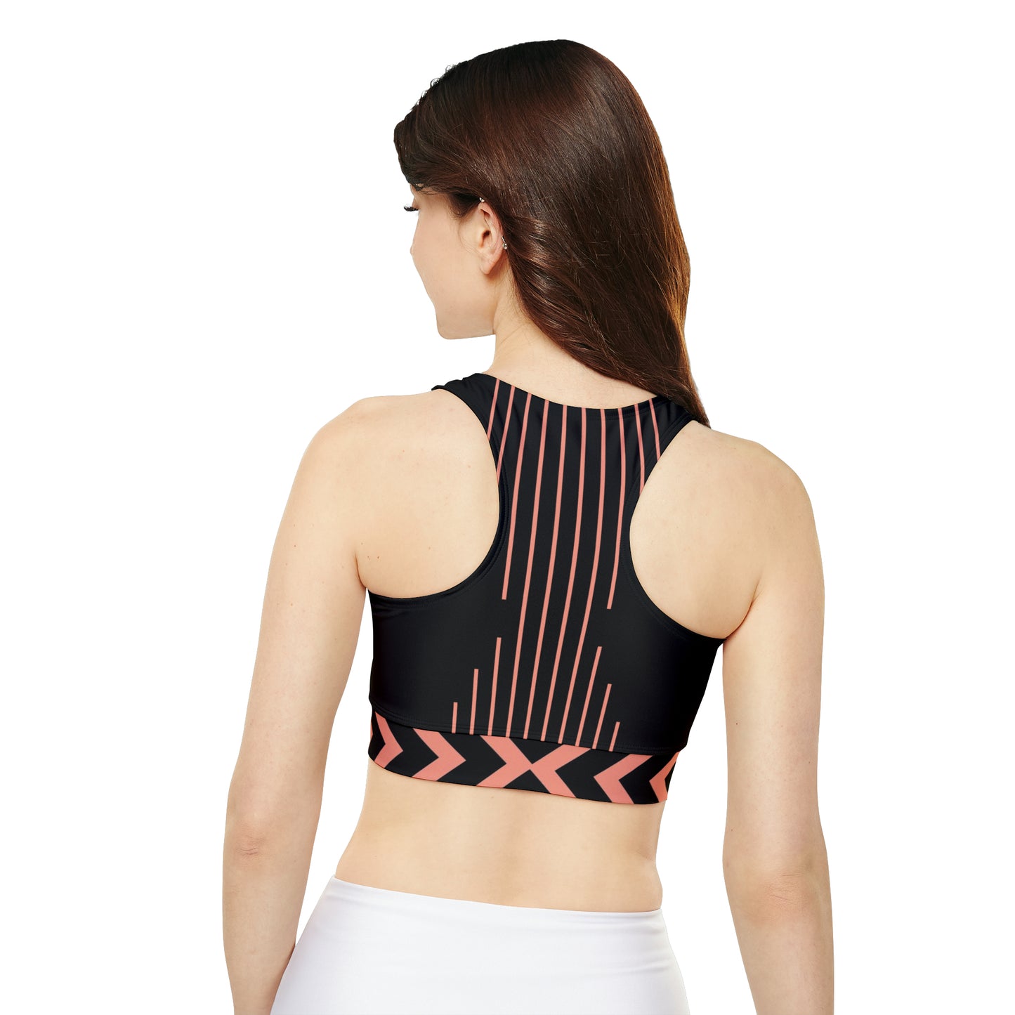 Yoga Sports Bra-Vertical lines-Chevron Arrow Peach Trim on Black_Back