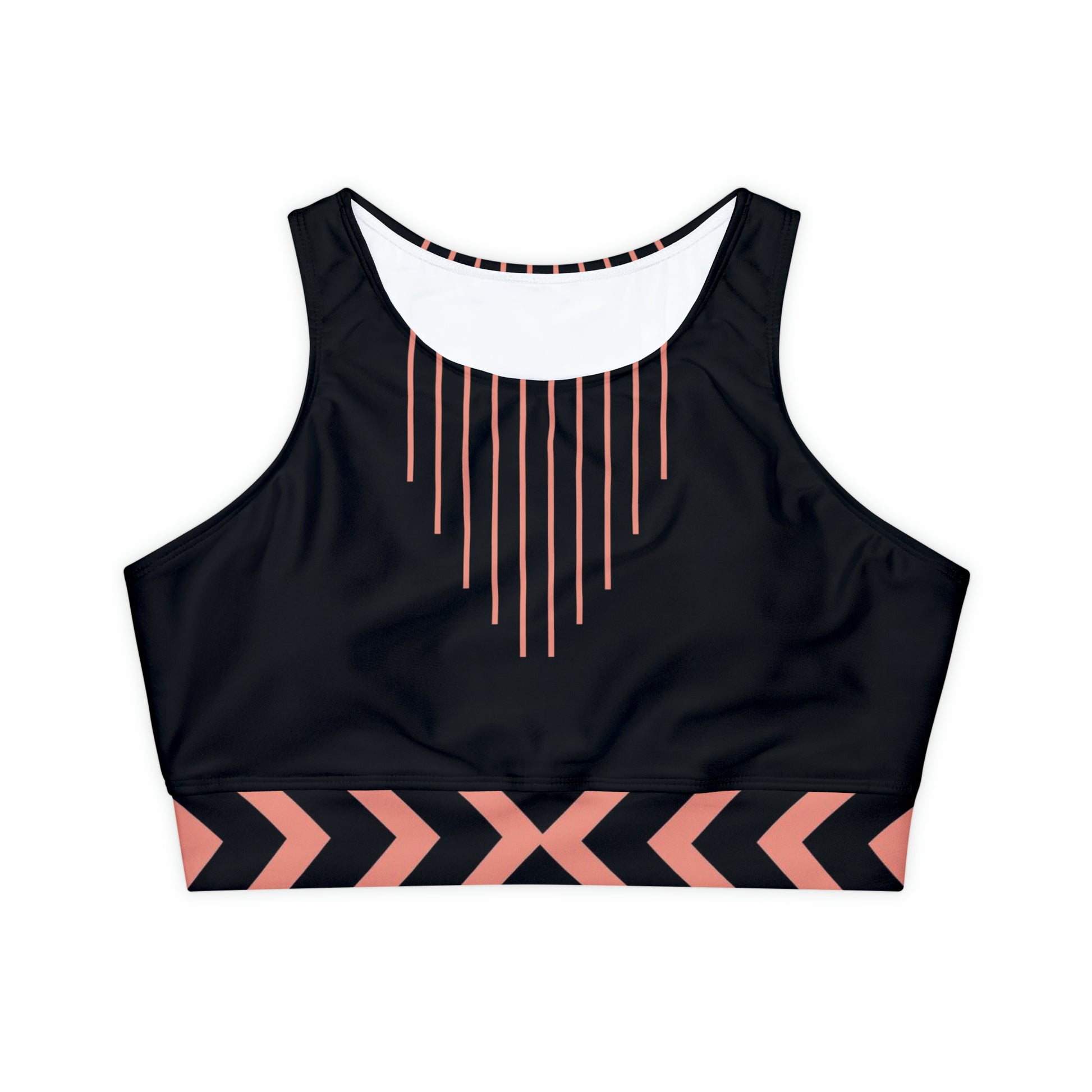 Yoga Sports Top-Vertical lines-Chevron Arrow Peach Trim on Black_Bra Front