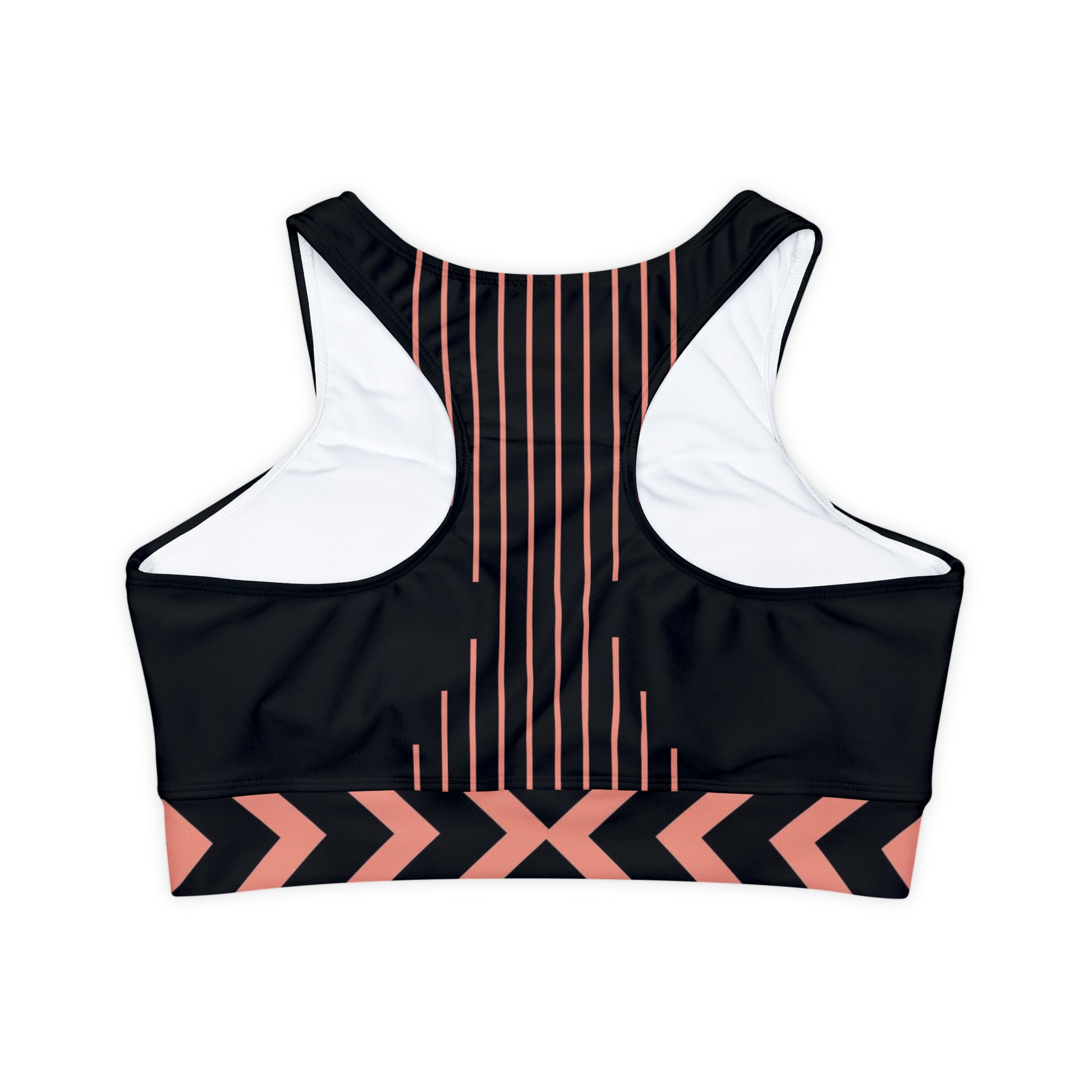 Yoga Sports Top-Vertical lines-Chevron Arrow Peach Trim on Black_Bra Back