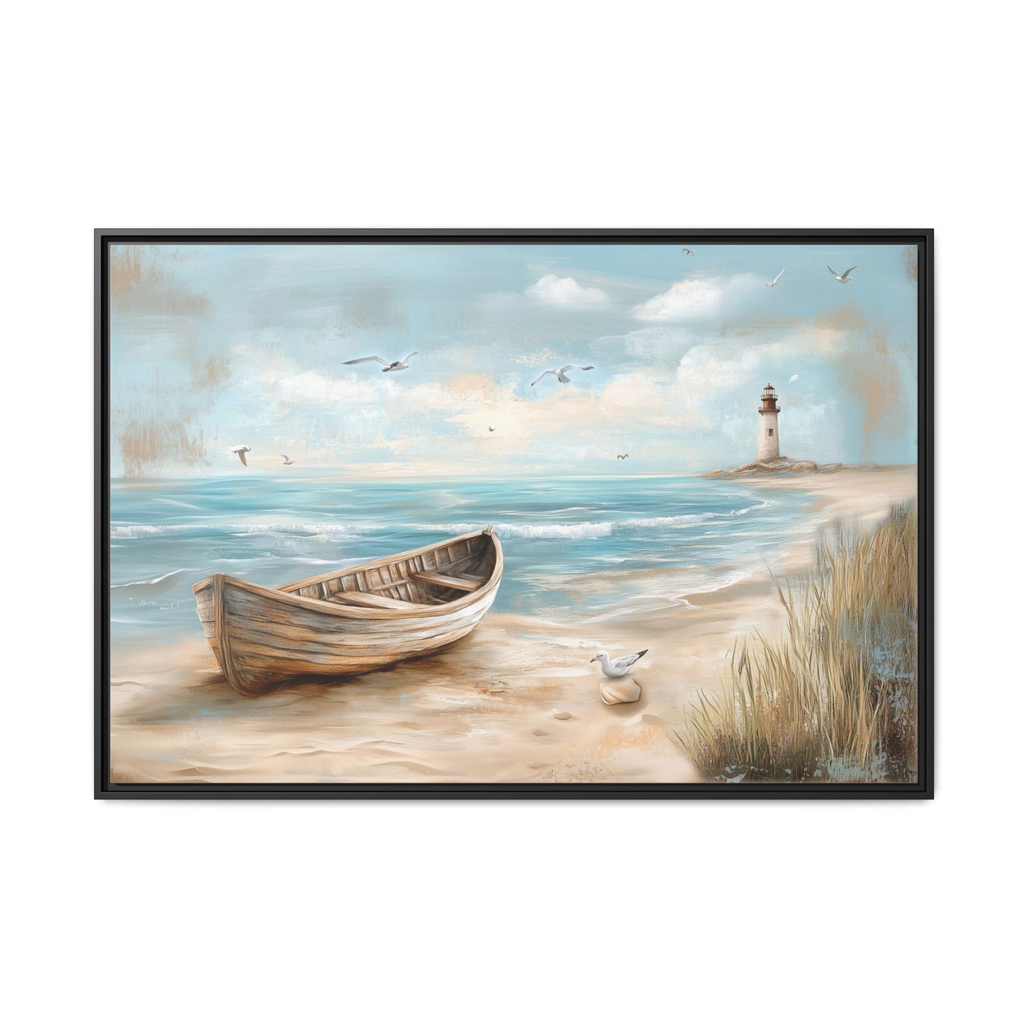 Lighthouse Coastal Scene Wall Art, Framed Print on Matte Canvas (FREE SHIPPING)