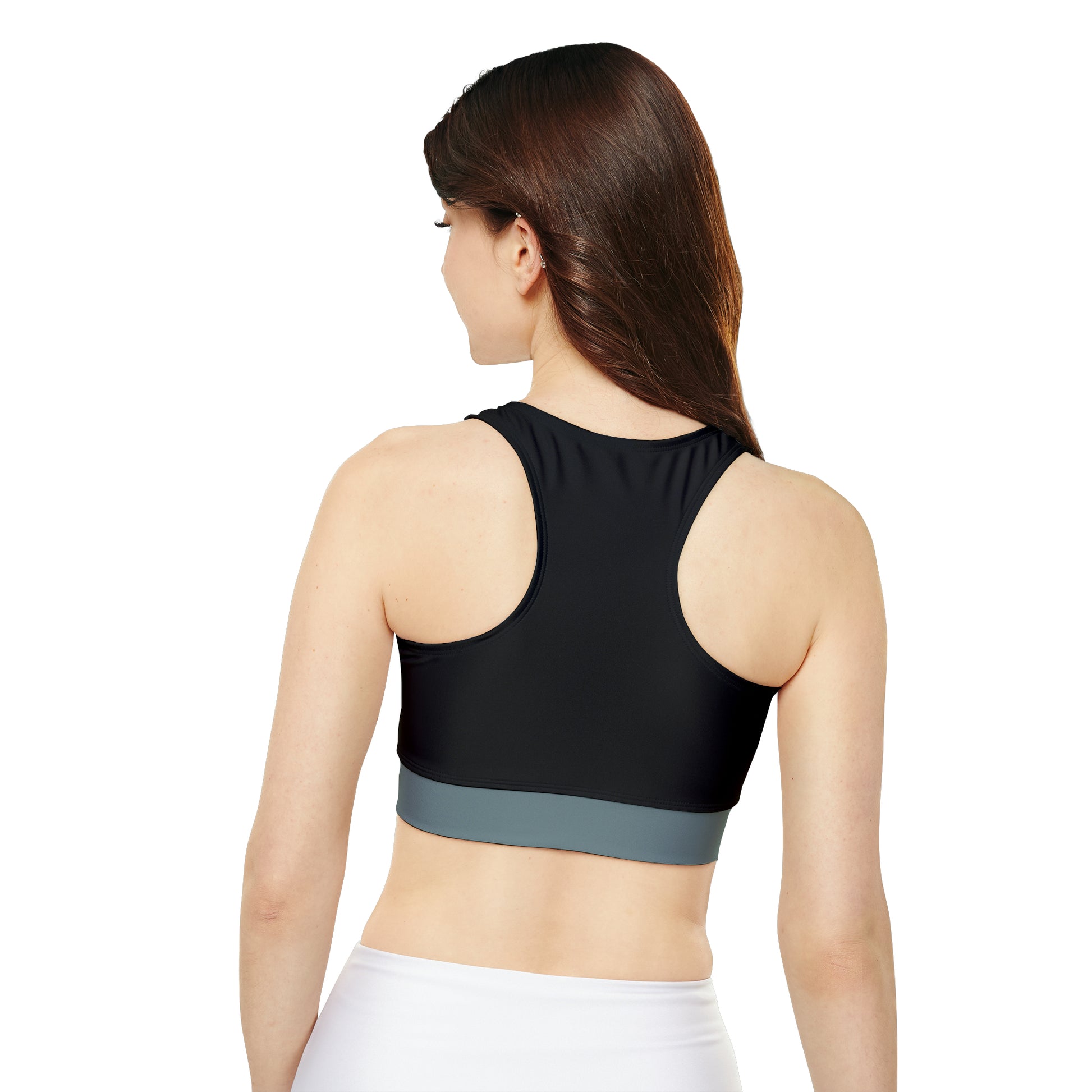 Yoga Padded Bra_Gray Stripe on Black, Model Back