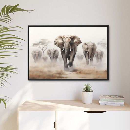 Herd of Elephants Stampeding Wall Art, Framed Print on Matte Canvas (FREE SHIPPING)