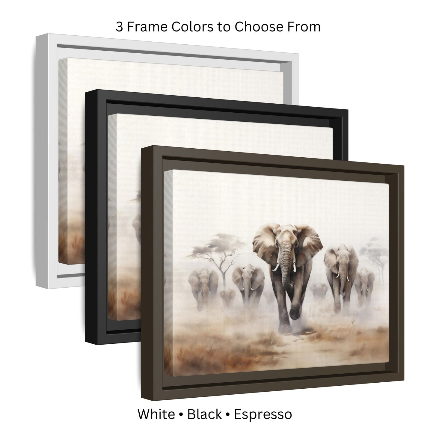 Herd of Elephants Stampeding Wall Art, Framed Print on Matte Canvas (FREE SHIPPING)