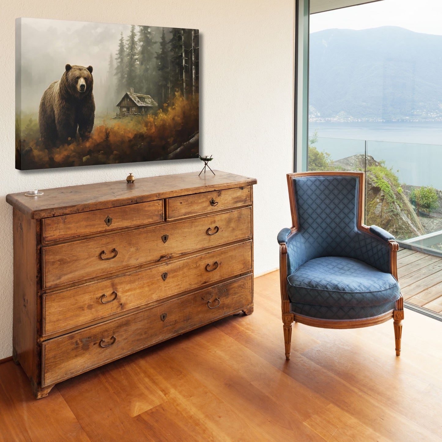 Grizzly Bear log cabin Wall Art, Print on Framed Canvas (FREE SHIPPING)