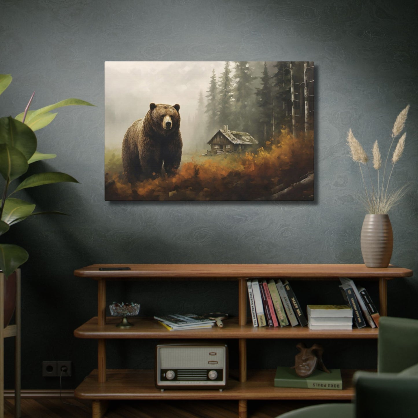 Grizzly Bear log cabin Wall Art, Print on Framed Canvas (FREE SHIPPING)
