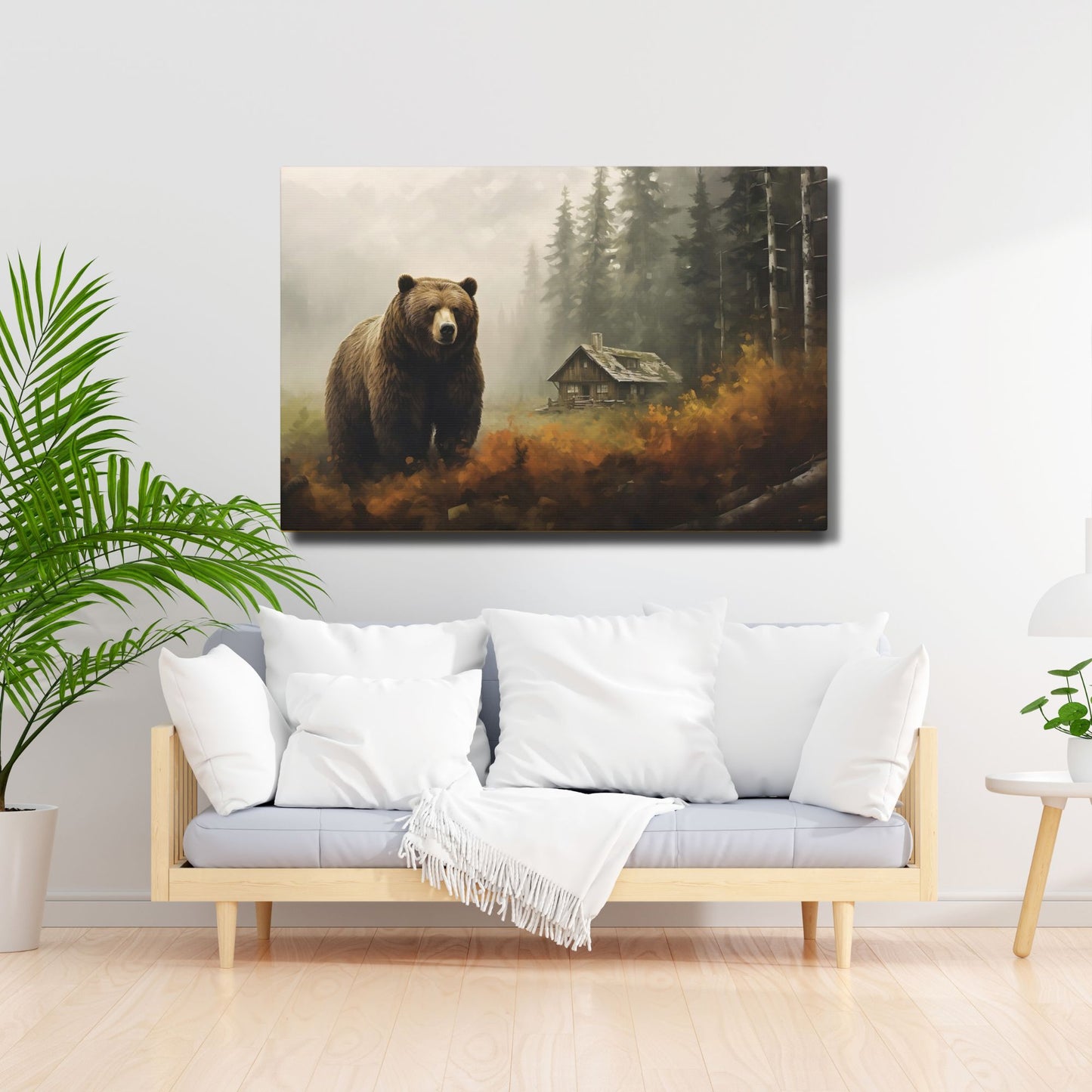 Grizzly Bear log cabin Wall Art, Print on Framed Canvas (FREE SHIPPING)