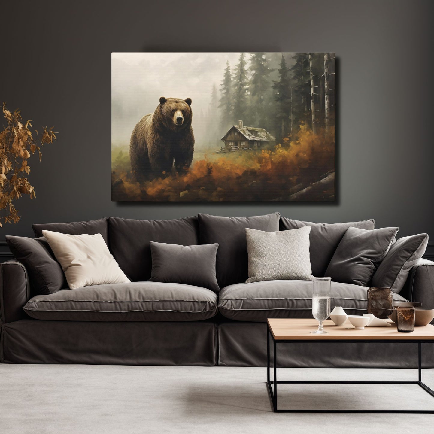 Grizzly Bear log cabin Wall Art, Print on Framed Canvas (FREE SHIPPING)