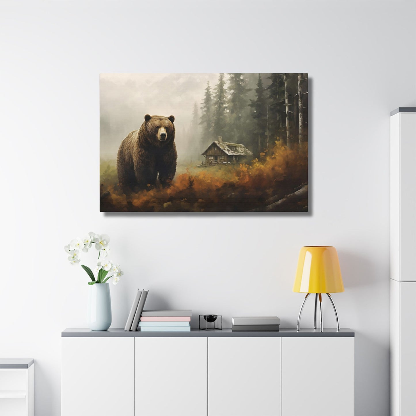 Grizzly Bear log cabin Wall Art, Print on Framed Canvas (FREE SHIPPING)