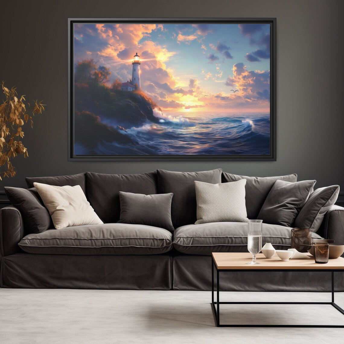 Lighthouse Sunset Ocean-scape Wall Art, Framed Print on Matte Canvas (FREE SHIPPING)