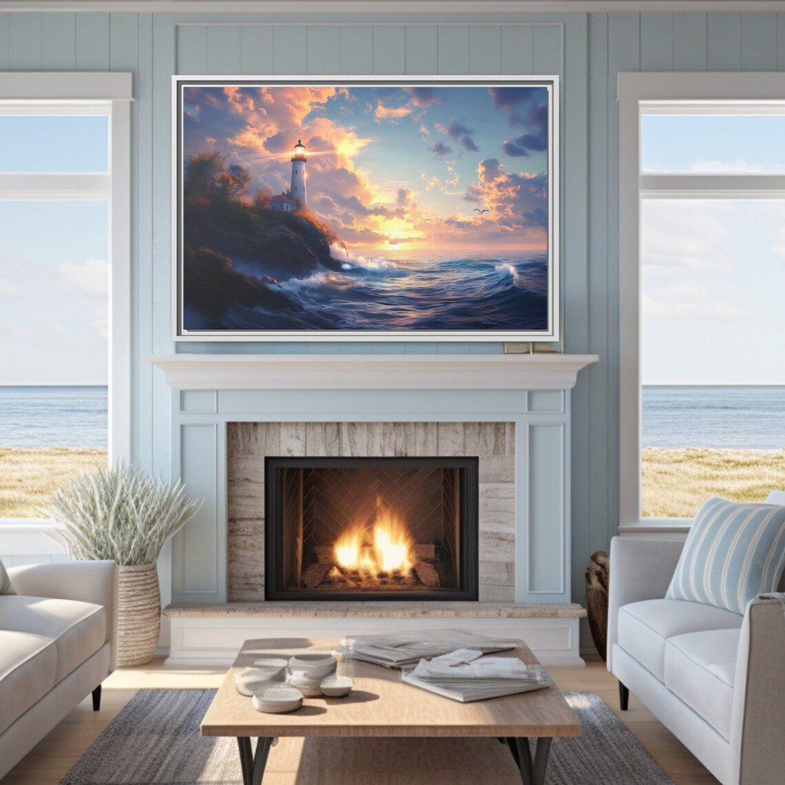 Lighthouse Sunset Ocean-scape Wall Art, Framed Print on Matte Canvas (FREE SHIPPING)