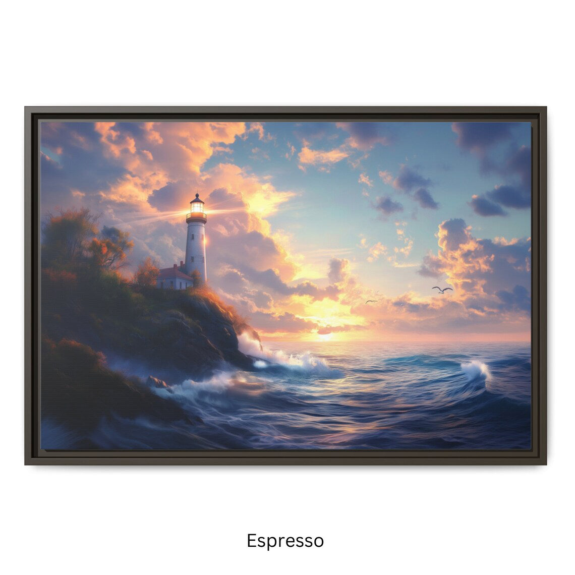 Lighthouse Sunset Ocean-scape Wall Art, Framed Print on Matte Canvas (FREE SHIPPING)