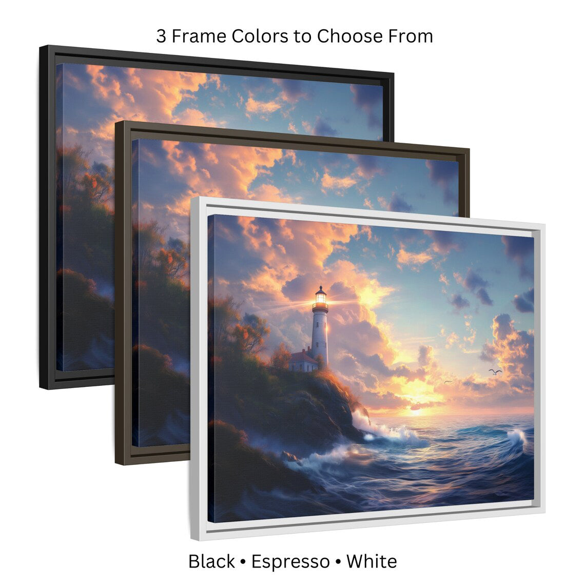 Lighthouse Sunset Ocean-scape Wall Art, Framed Print on Matte Canvas (FREE SHIPPING)