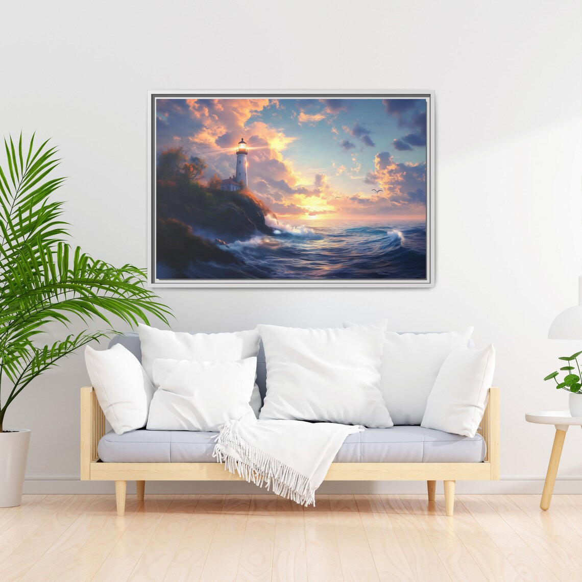 Lighthouse Sunset Ocean-scape Wall Art, Framed Print on Matte Canvas (FREE SHIPPING)