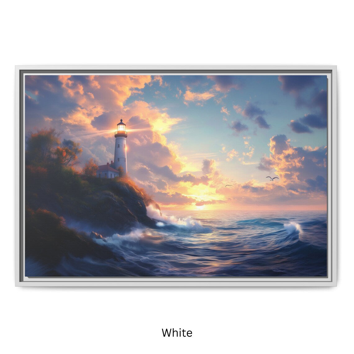 Lighthouse Sunset Ocean-scape Wall Art, Framed Print on Matte Canvas (FREE SHIPPING)