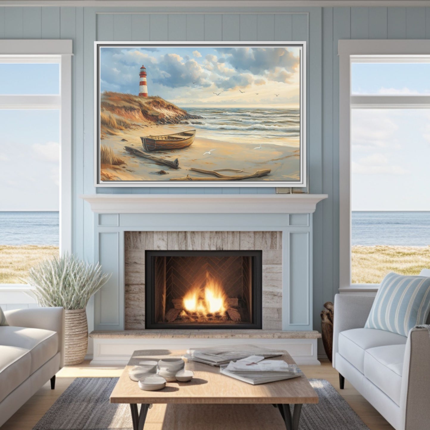 Lighthouse on a cliff Wall Art, Framed Print on Matte Canvas (FREE SHIPPING)