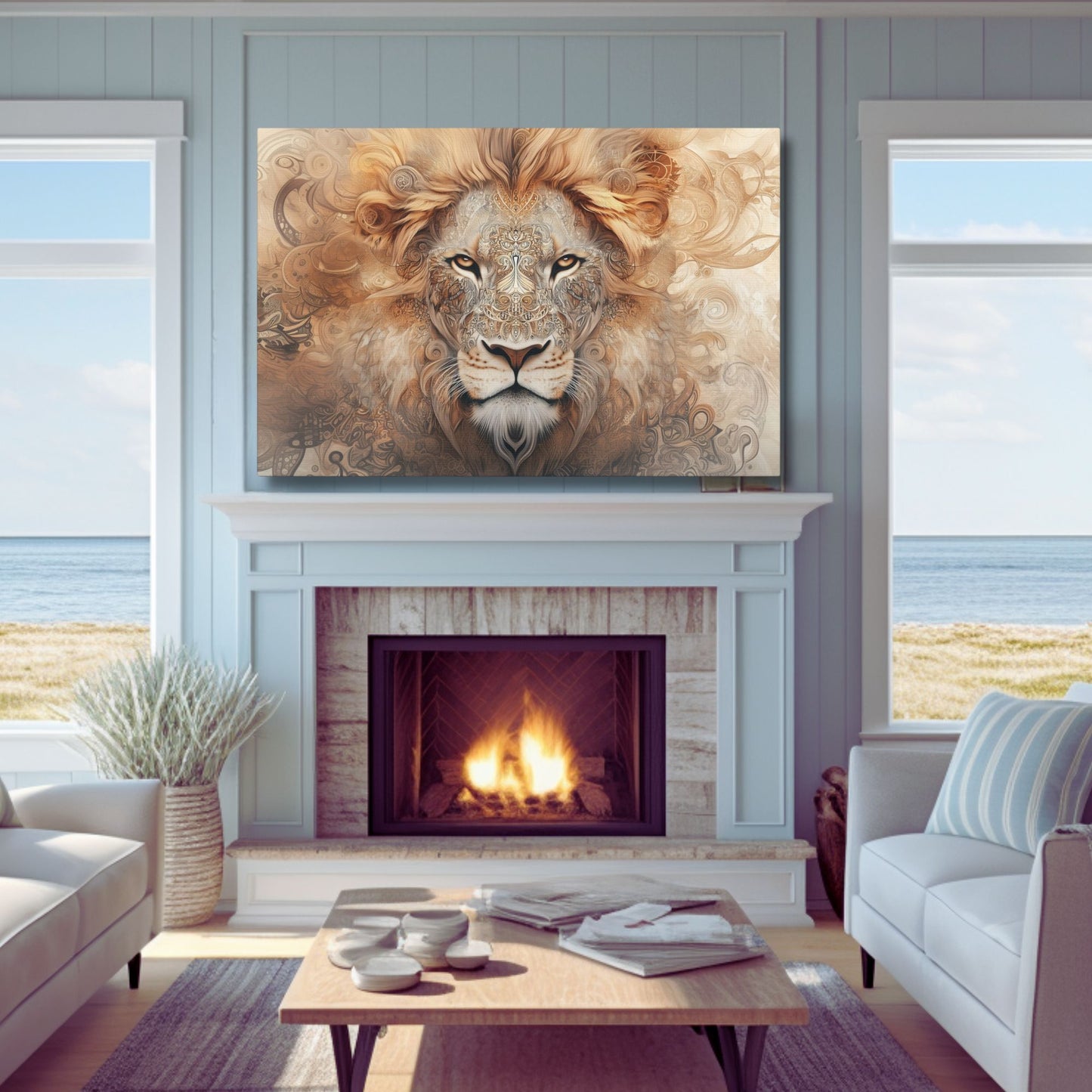 Boho Lion Head Wall Art with Mandala Patterns  and Earthy Tones, Canvas Print (FREE SHIPPING)