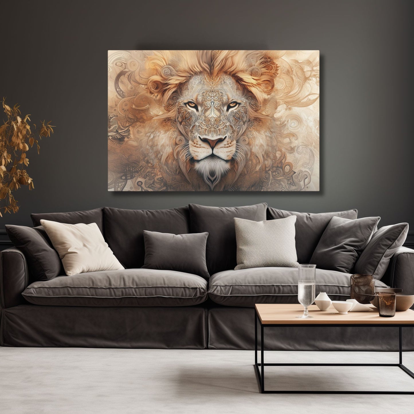 Boho Lion Head Wall Art with Mandala Patterns  and Earthy Tones, Canvas Print (FREE SHIPPING)