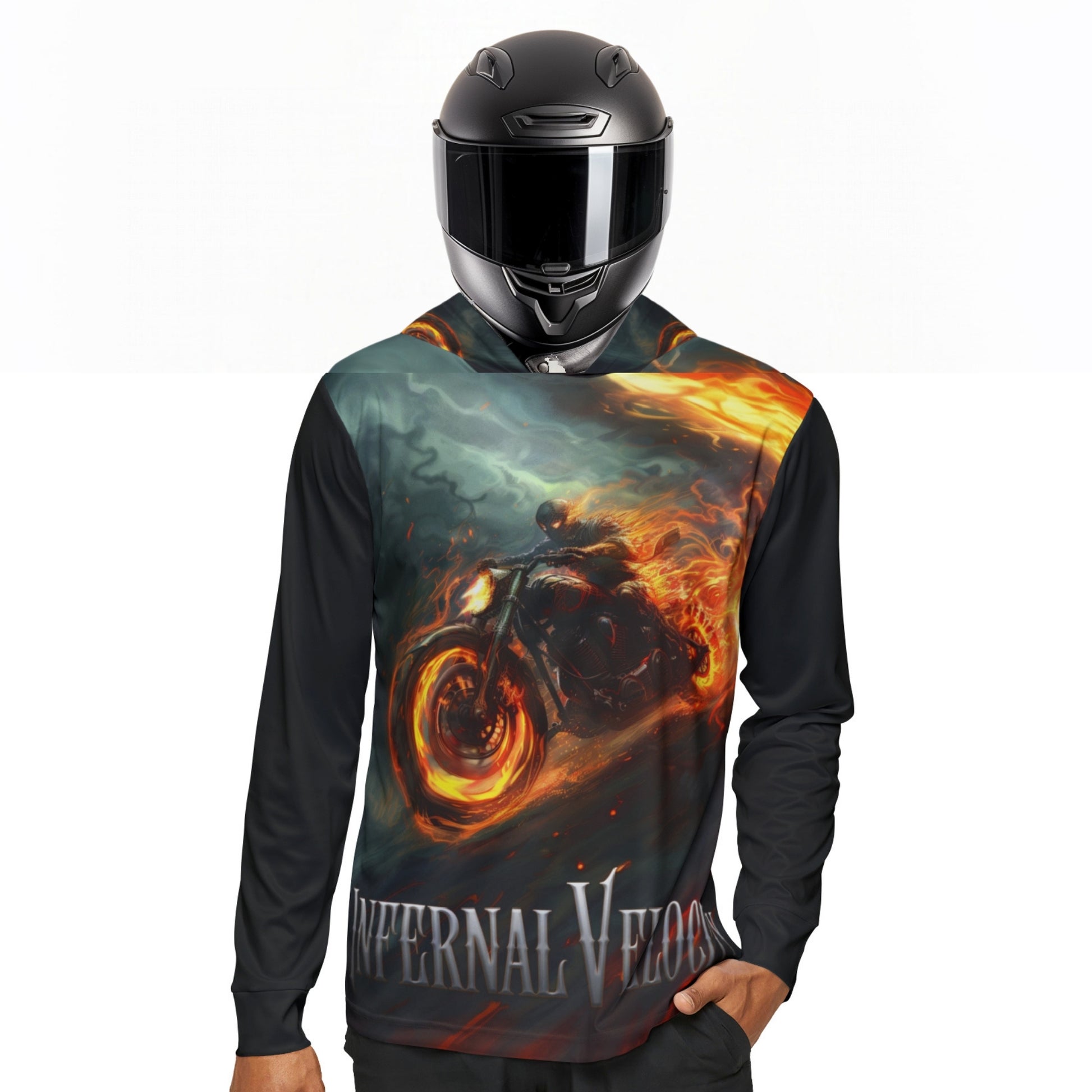 Biker Graphic Hoodie_Model posing w Helmet