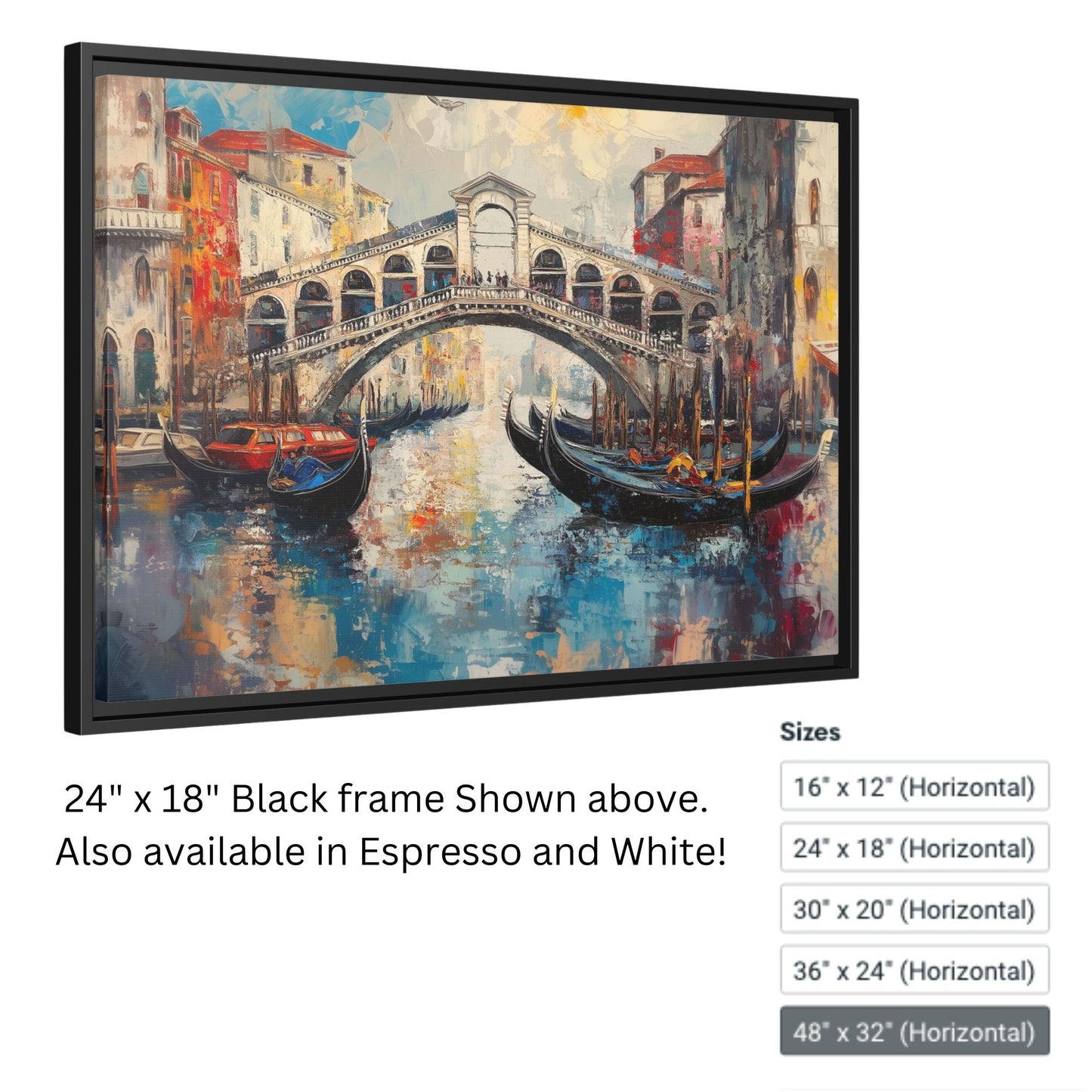 Rialto Bridge Venice Italy Wall Art, Framed Print on Matte Canvas (FREE SHIPPING)