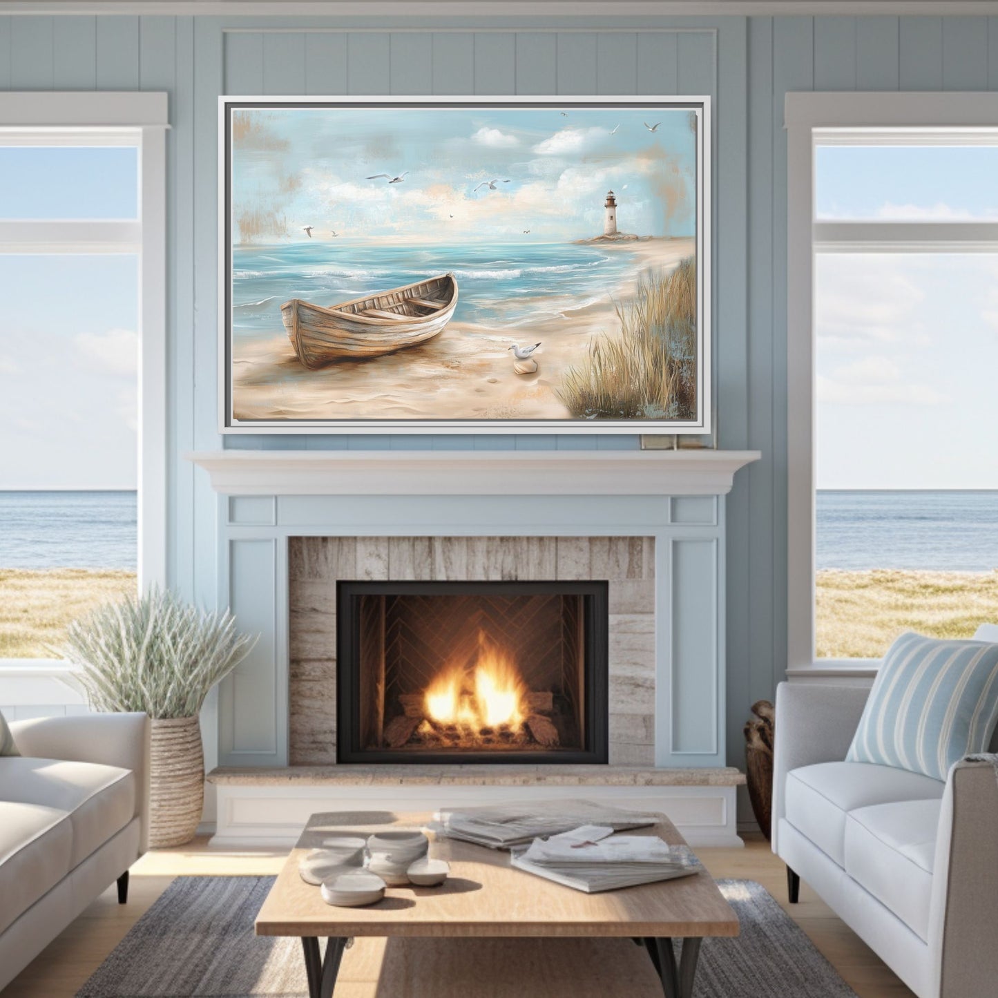 Lighthouse Coastal Scene Wall Art, Framed Print on Matte Canvas (FREE SHIPPING)
