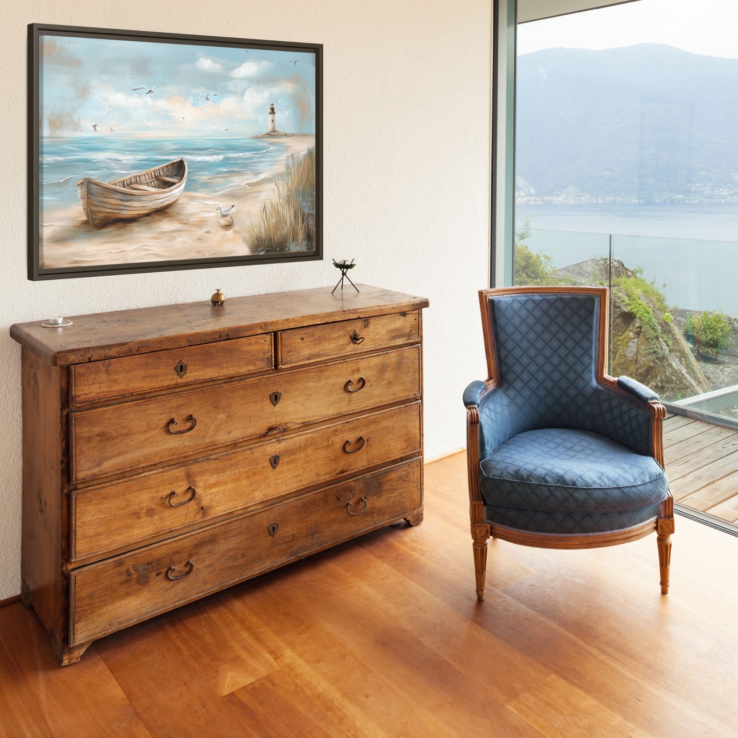 Lighthouse Coastal Scene Wall Art, Framed Print on Matte Canvas (FREE SHIPPING)