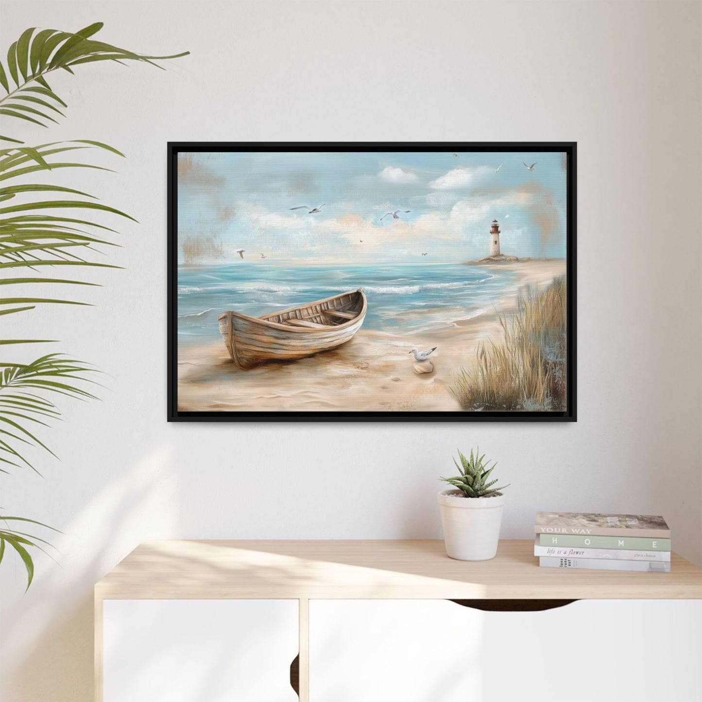 Lighthouse Coastal Scene Wall Art, Framed Print on Matte Canvas (FREE SHIPPING)