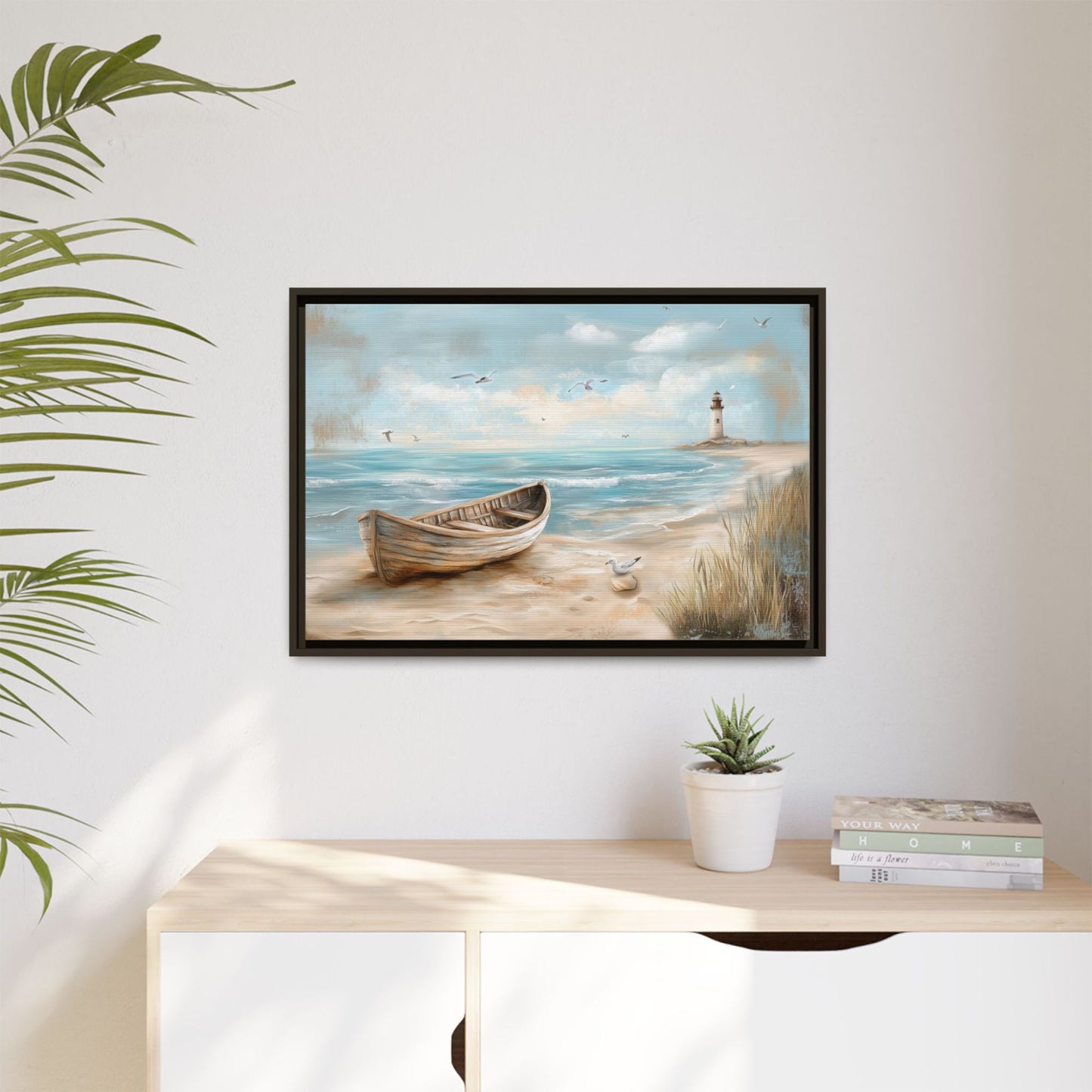 Lighthouse Coastal Scene Wall Art, Framed Print on Matte Canvas (FREE SHIPPING)