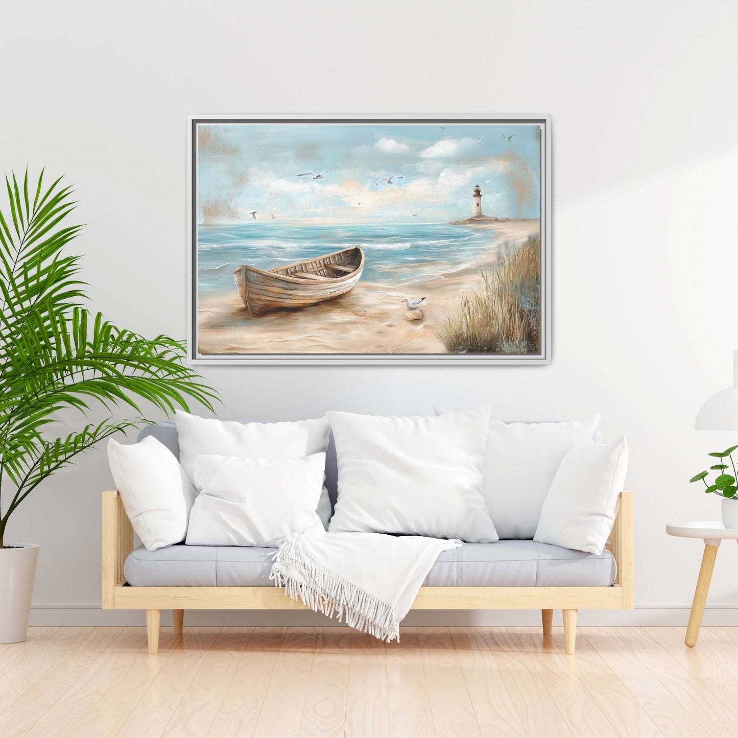 Lighthouse Coastal Scene Wall Art, Framed Print on Matte Canvas (FREE SHIPPING)