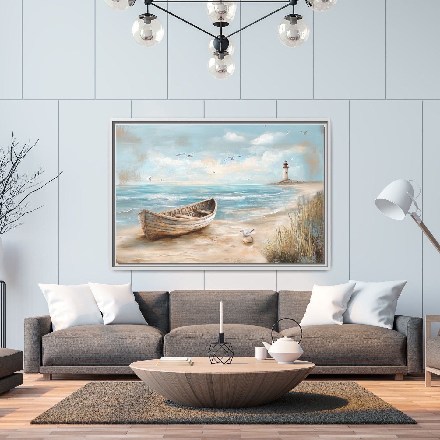 Lighthouse Coastal Scene Wall Art, Framed Print on Matte Canvas (FREE SHIPPING)