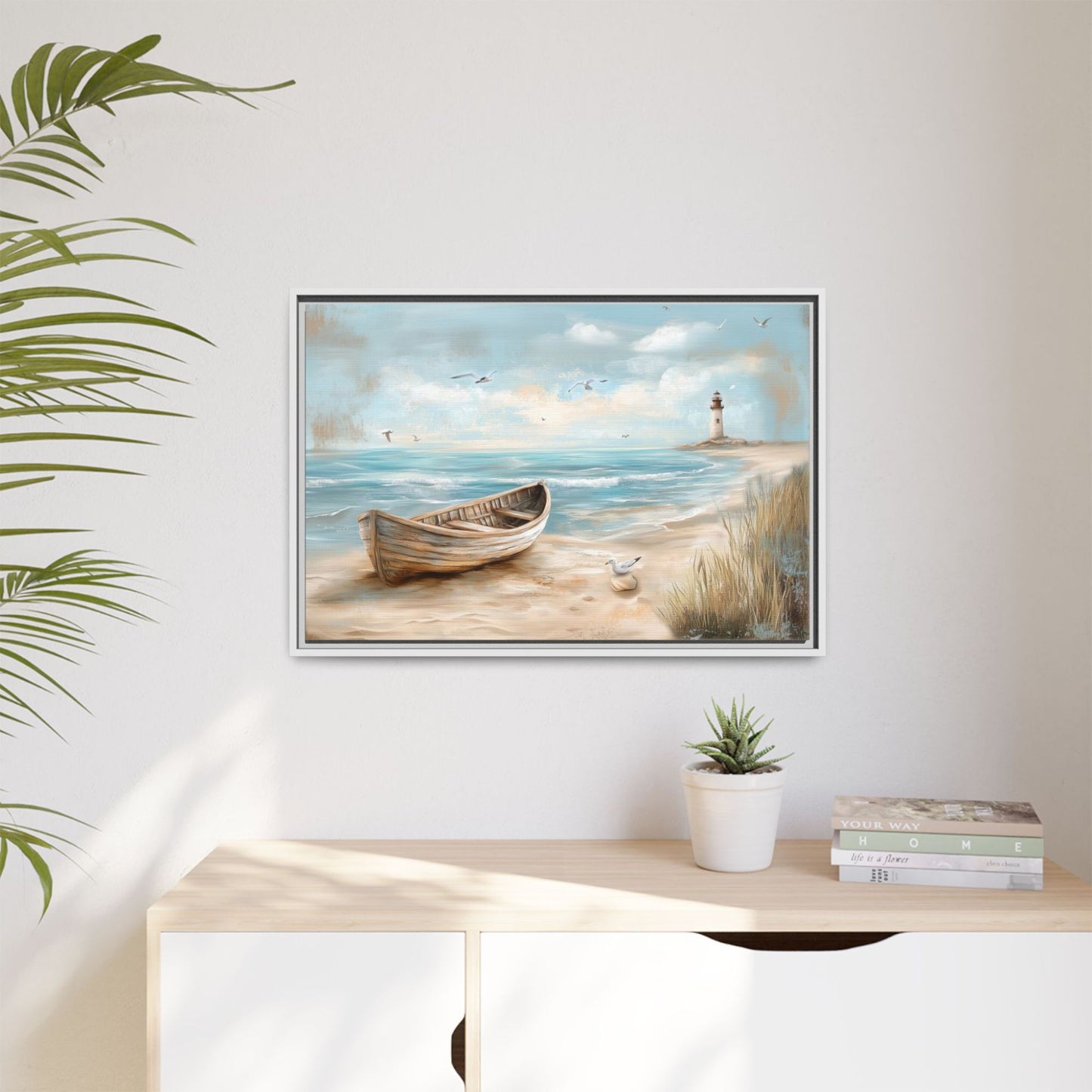 Lighthouse Coastal Scene Wall Art, Framed Print on Matte Canvas (FREE SHIPPING)
