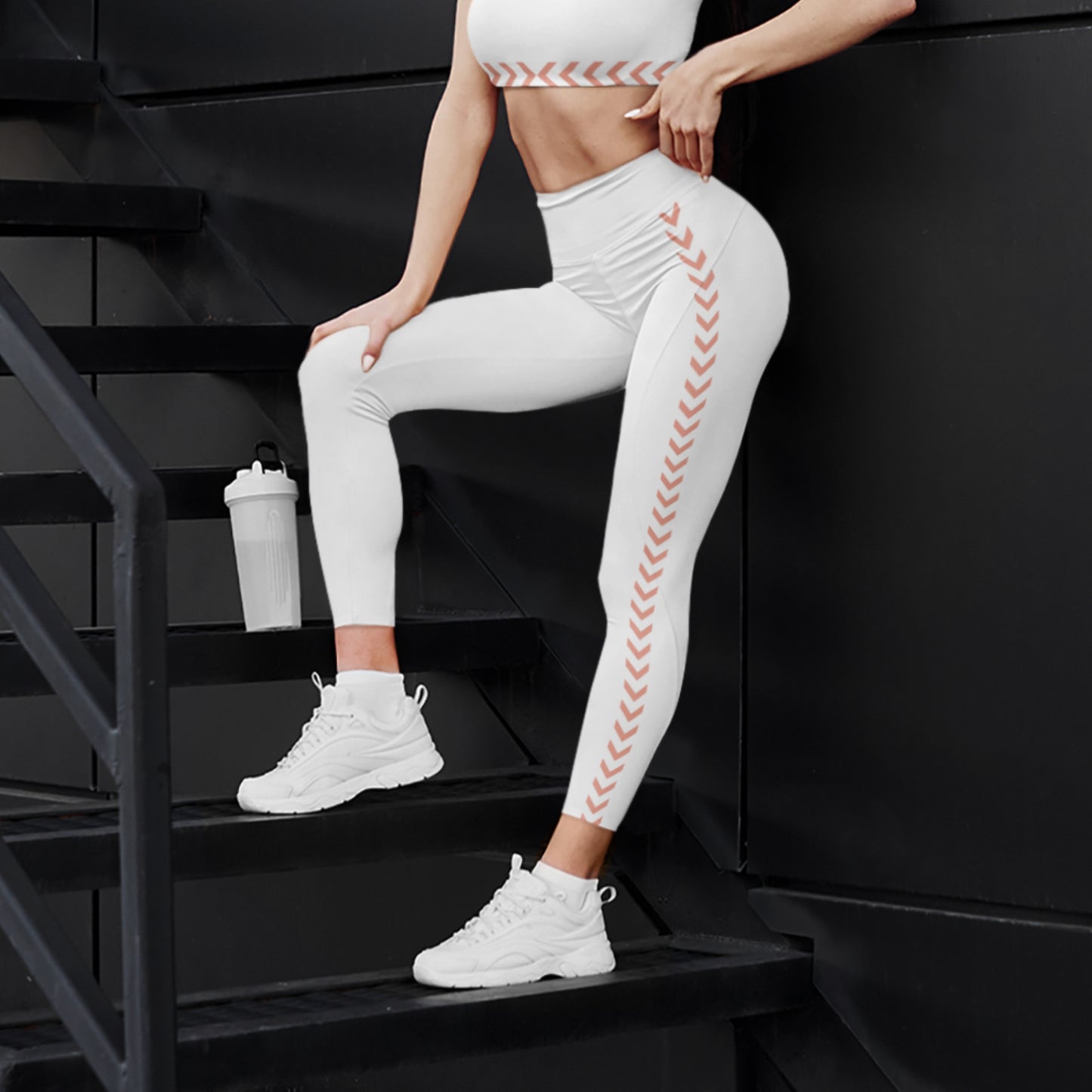 Yoga Legging and top, chevron Peach pattern on white_Gym shot