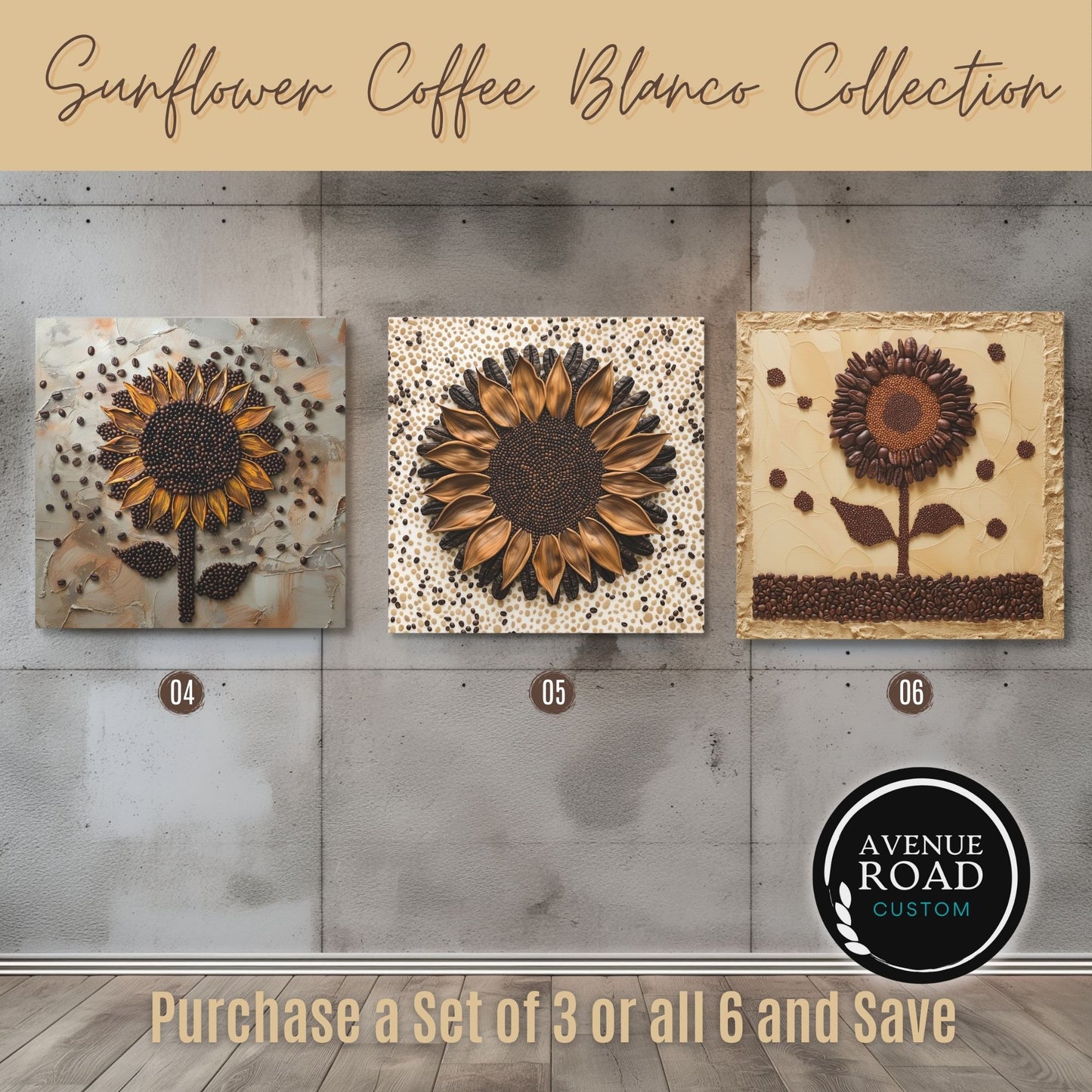 Sunflower Coffee Bean Wrapped Canvas Wall Art-Two of Six in the Collection (FREE SHIPPING)