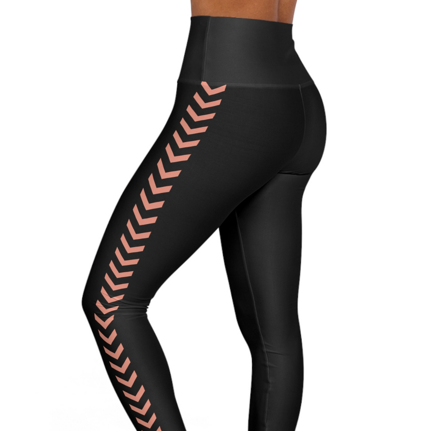 Yoga and Workout Sleek Leggings, Peach on Black Chevron Pattern Design