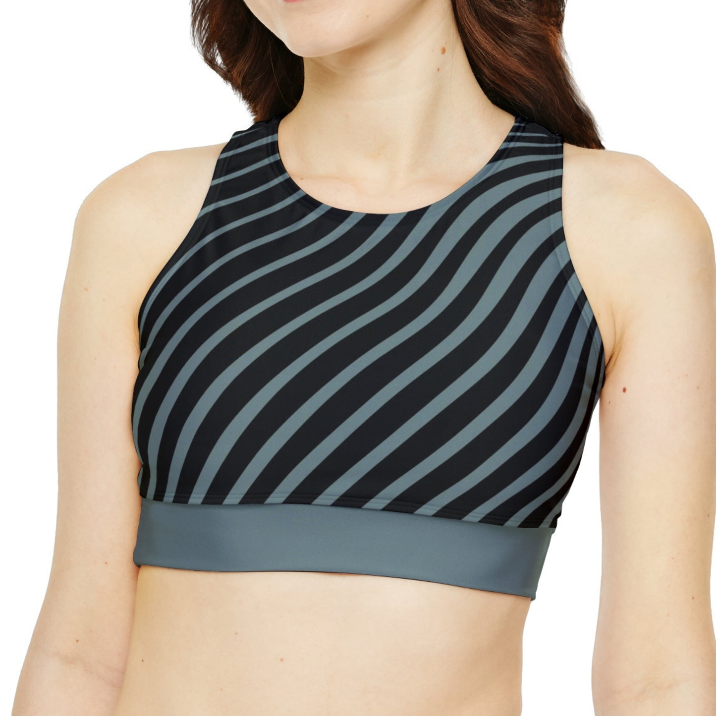 Yoga Padded Bra_Gray Stripe on Black, Model Front 