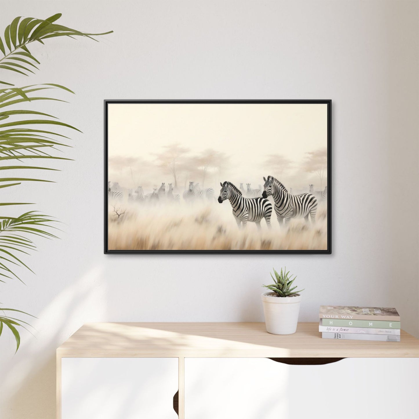 Zebra Savanna Wall Art, Framed Print on Matte Canvas (FREE SHIPPING)