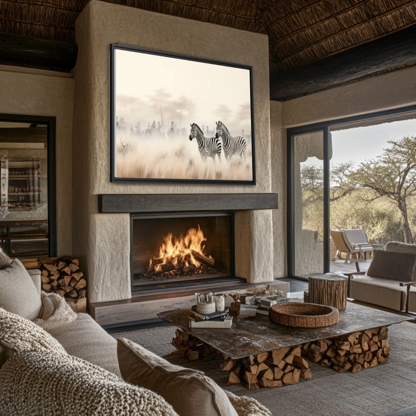 Zebra Savanna Wall Art, Framed Print on Matte Canvas (FREE SHIPPING)