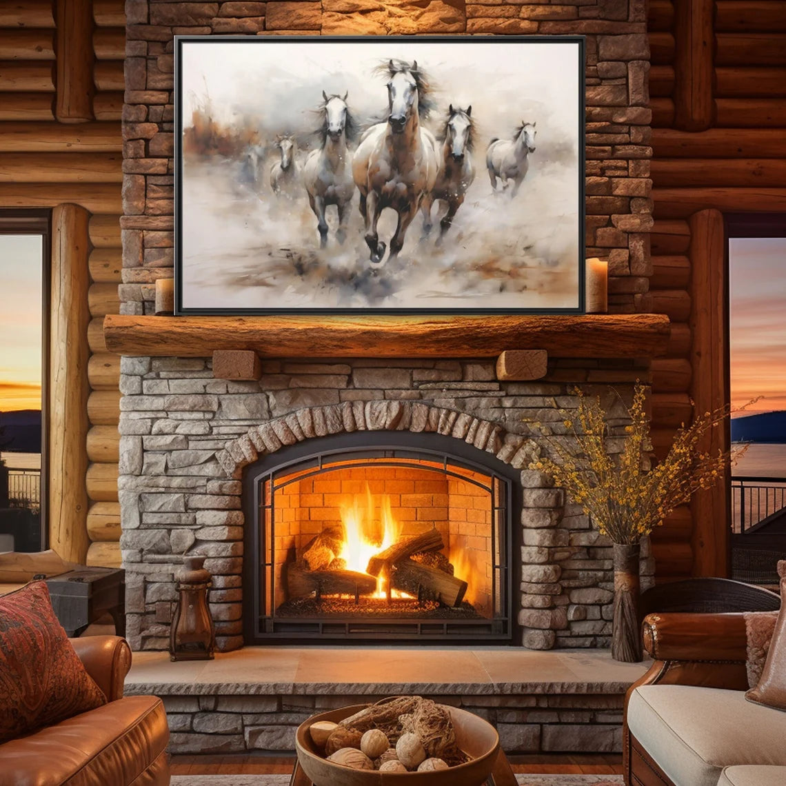 White Stallions galloping in the prairie Abstract Framed Wall Art (FREE SHIPPING)
