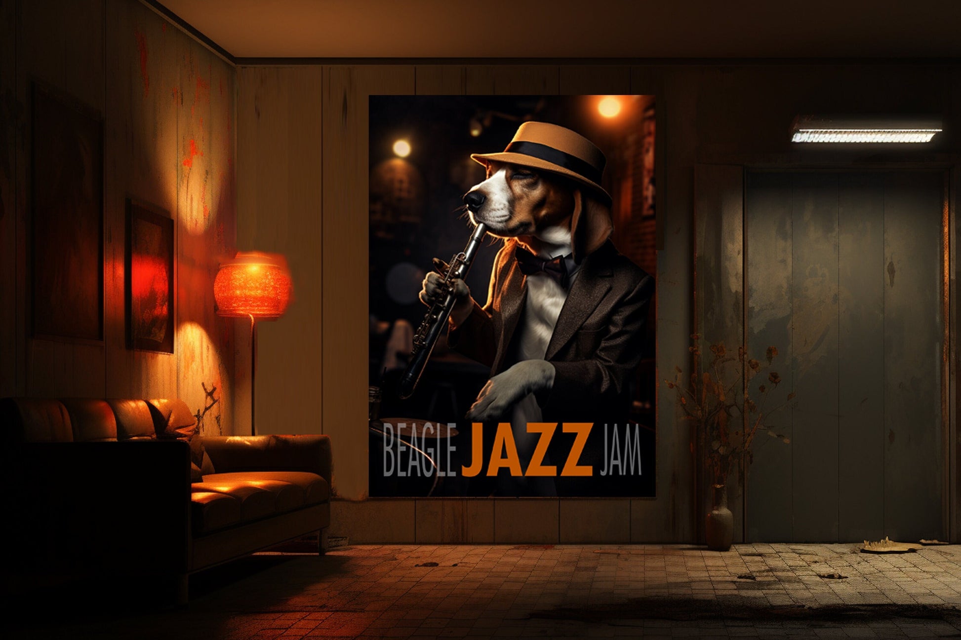 Beagle in Jazz Club playing the Sax_Jazz Club Art