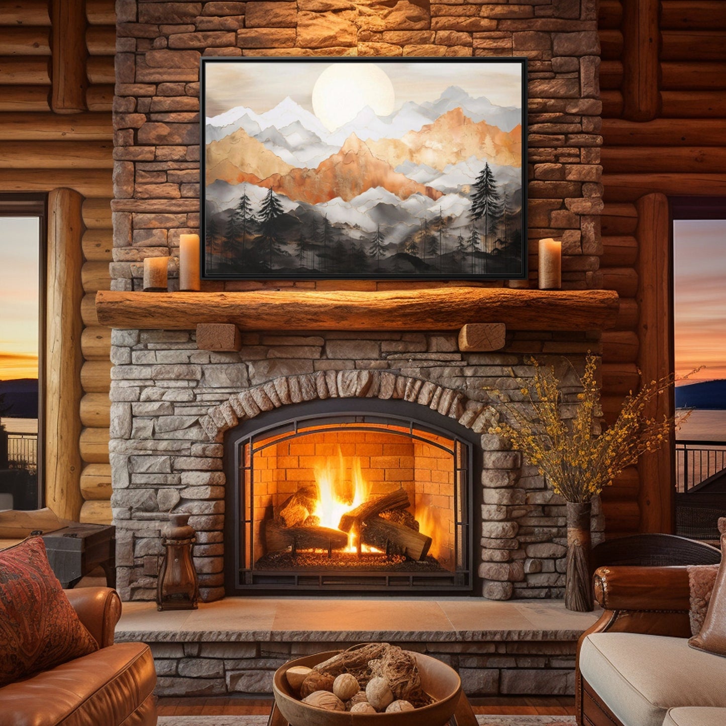 Abstract Art, Mountain Sunset_Log Cabin