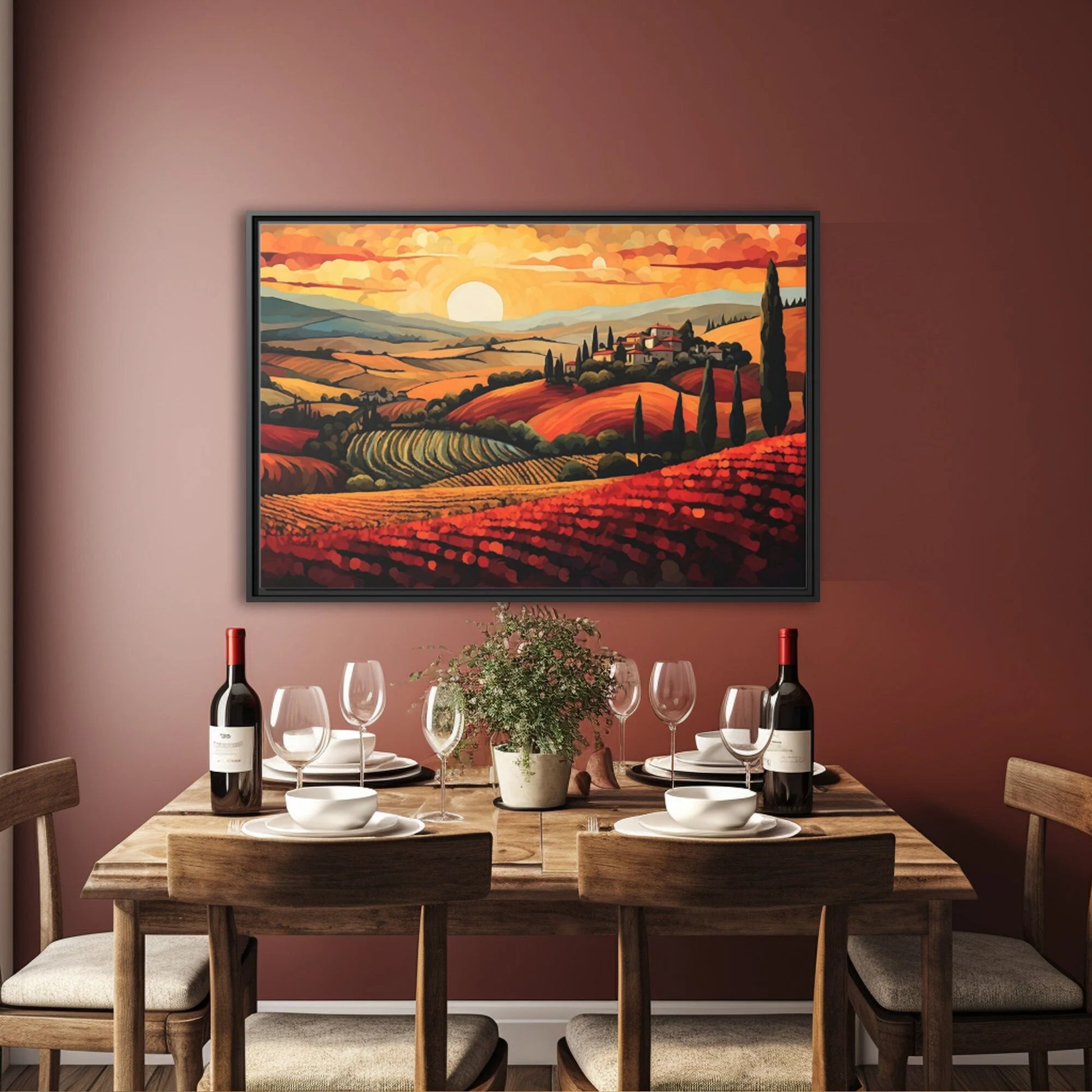 Tuscany Vineyard Sunset Painting_Restaurant Decor