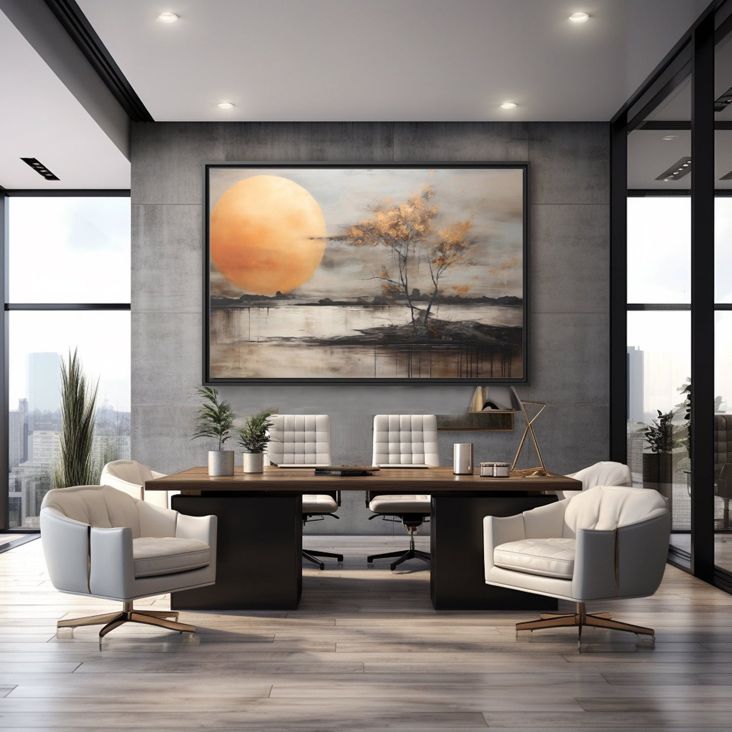 Abstract Painting Wall Art, Surreal Moon Lakeview_Office Decor