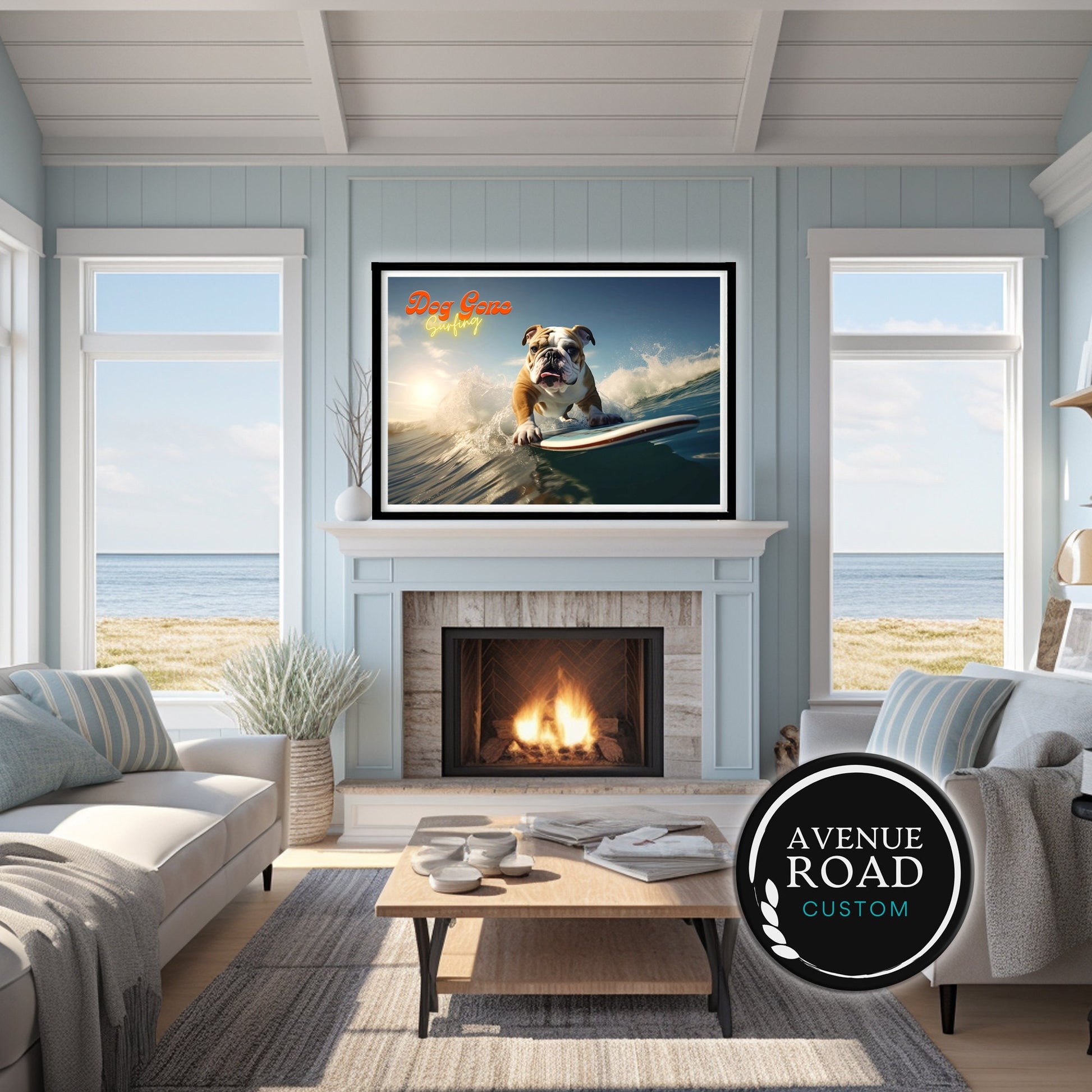 English Bulldog Surfing Sunset_Beach House Decor