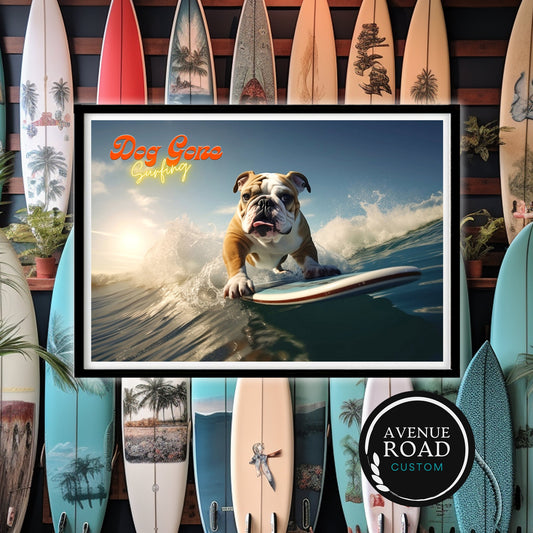 English Bulldog Surfing Sunset (Digital Poster)