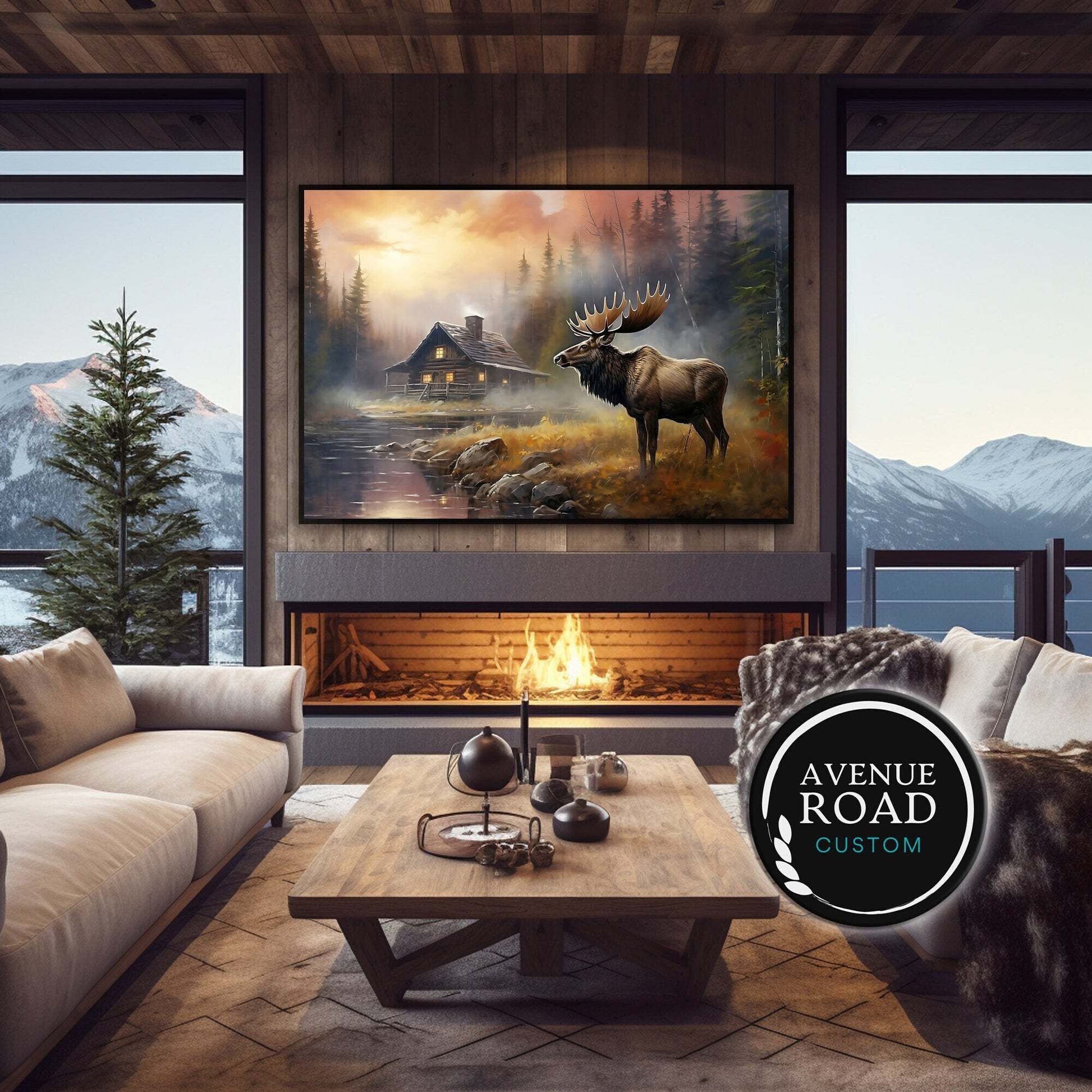 Moose log cabin Sunset Nature-scape_Living room