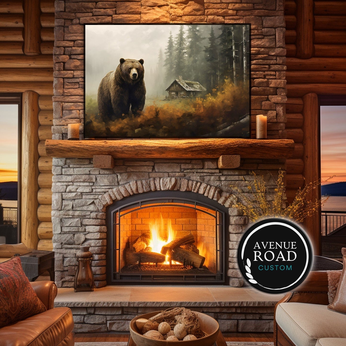 Grizzly Bear log cabin Nature-scape